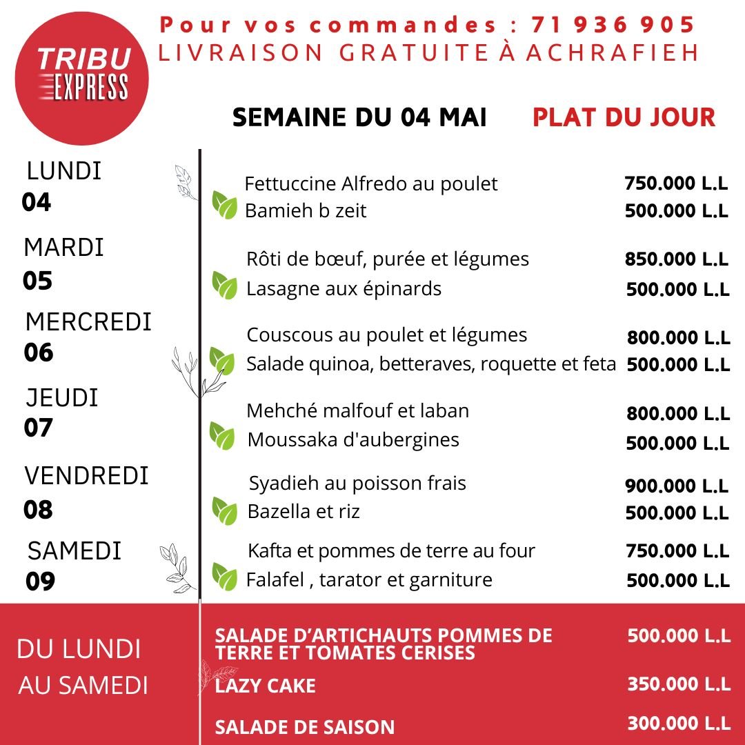Menu de la semaine Tribu Express