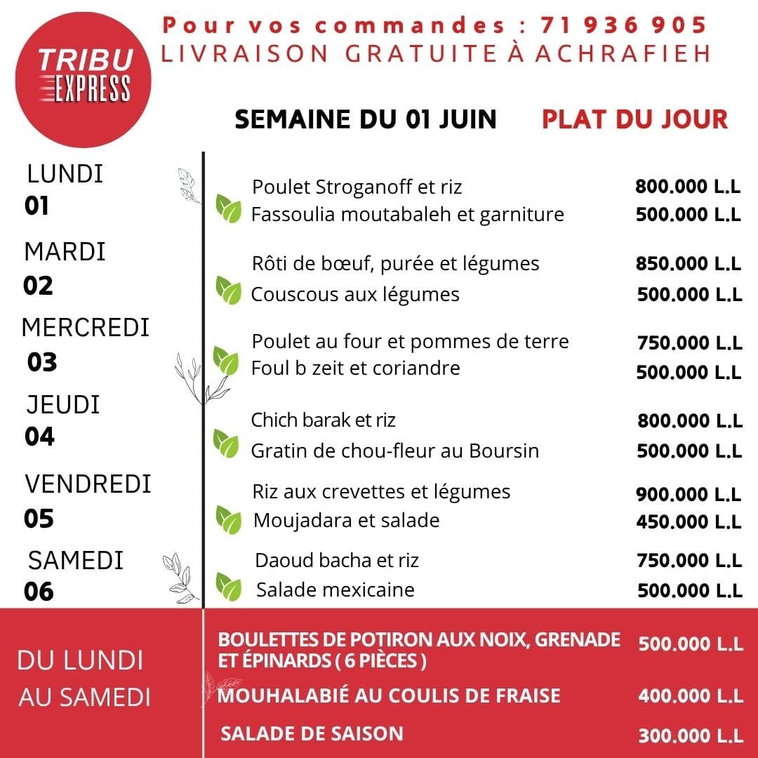 Menu de la semaine Tribu Express