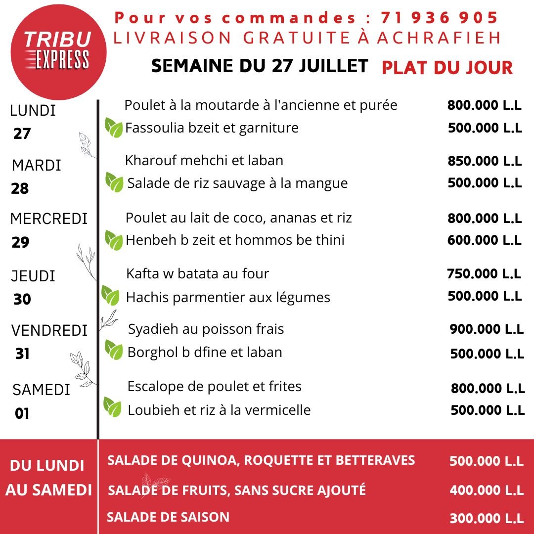 Menu de la semaine Tribu Express