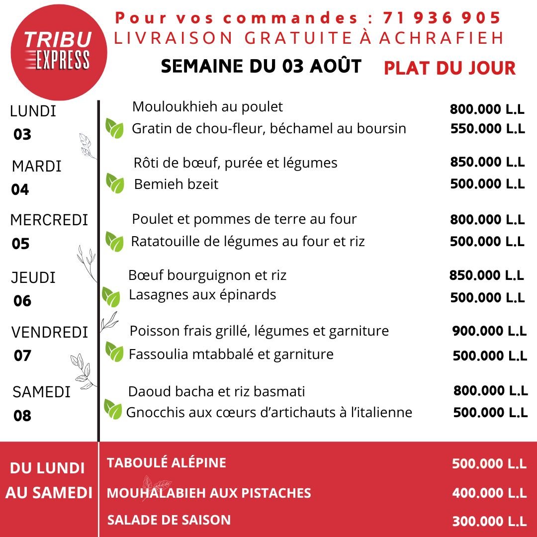 Menu de la semaine Tribu Express