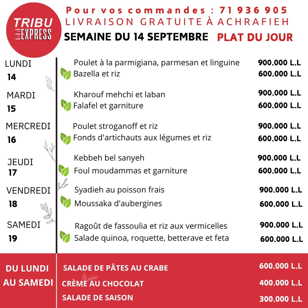 Menu de la semaine Tribu Express